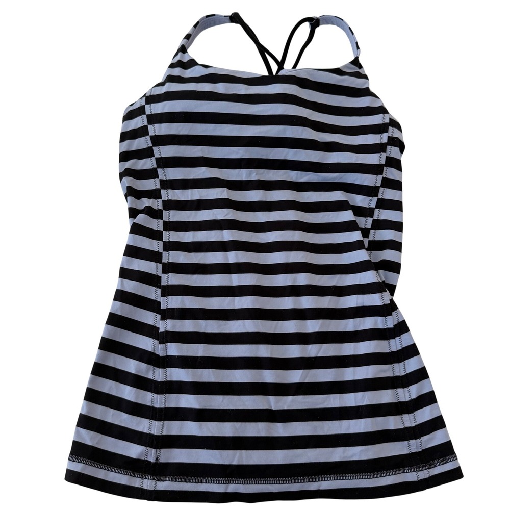 Lululemon Free to Be Tank Top Size 8 Black Blue Striped Strappy Back Camisole